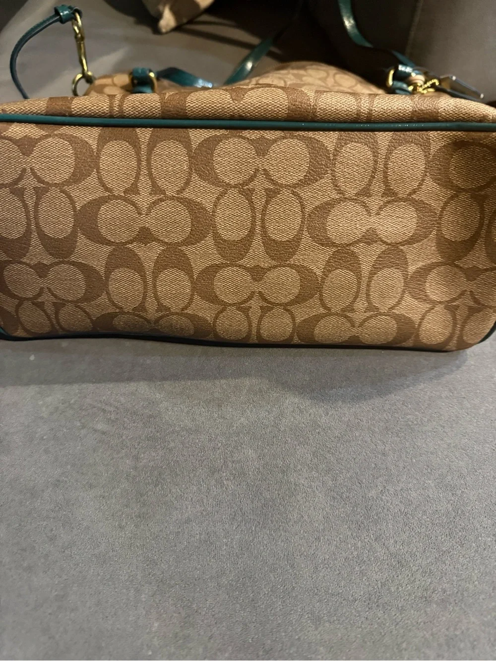 Coach Beige Signature Shoulder Bag with Teal Trim